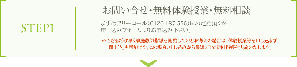 STEP1 お問い合わせ・無料体験授業・無料相談 まずはフリーコール（0120-187-555）にお電話頂くか申し込みフォームよりお申込み下さい。※できるだけ早く家庭教師指導を開始したいとお考えの場合は、体験授業等を申し込まず「即申込」も可能です。この場合、申し込みから最短3日で初回指導を実施いたします。